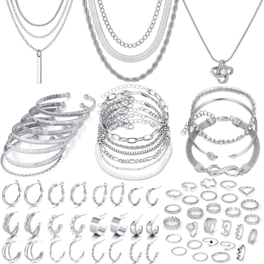 36 PC Silver Plated Jewelry Set with 3 Necklaces, 12 Bracelets, 7 Ear Cuffs Earr